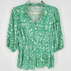 Crown & Ivy Green and White Floral Paisley Ruffle Collar Top Size 1X